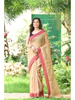 SUTRA CLOTHING - Handloom Beige Pure Linen Jamdani Saree with Unstitched Blouse