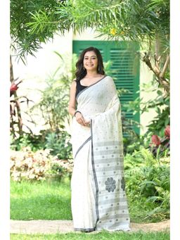 SUTRA CLOTHING - Handloom White and Black Soft Cotton Jamdani Saree with Unstitched Blouse