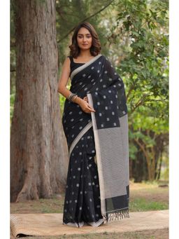 SUTRA CLOTHING - Handloom Black Soft Cotton Saree with Unstitched Blouse Cream Pallu