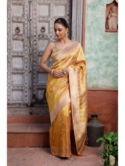SUTRA CLOTHING - Handloom Metallic Yellow Banarasi Saree with Unstitched Blouse