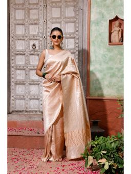 SUTRA CLOTHING - Handloom Cream Pink Pure Silk Banarasi Saree with Unstitched Blouse