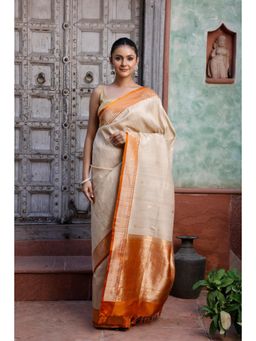 SUTRA CLOTHING - Handloom Beige Pure Tussar Silk Banarasi Saree with Unstitched Blouse
