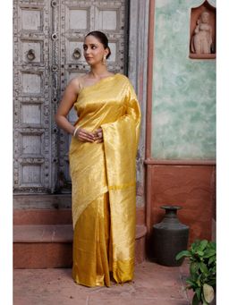 SUTRA CLOTHING - Handloom Yellow Gold Pure Silk Banarasi Saree with Unstitched Blouse