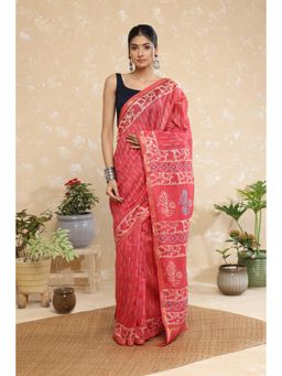 SUTRA CLOTHING - Handloom Blush Pink Block Print Chanderi Cotton Saree with Unstitched Blouse