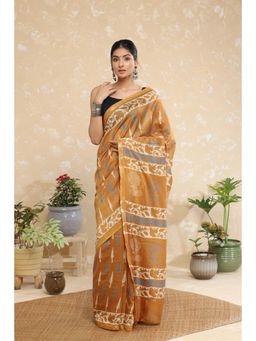 SUTRA CLOTHING - Handloom Honey Yellow Block Print Chanderi Cotton Saree with Unstitched Blouse