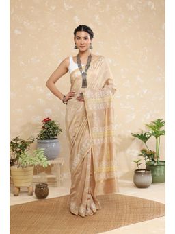 SUTRA CLOTHING - Handloom Beige Block Print Chanderi Cotton Saree with Unstitched Blouse