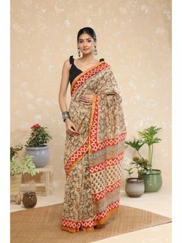 SUTRA CLOTHING - Handloom Almond Beige Block Print Chanderi Cotton Saree with Unstitched Blouse
