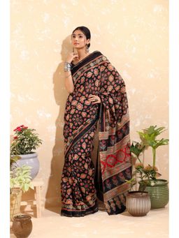 SUTRA CLOTHING - Handloom Black Block Print Chanderi Cotton Saree with Unstitched Blouse