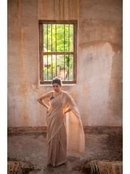 SUTRA CLOTHING - Handloom Beige Sandscape Linen Cotton Saree with Unstitched Blouse