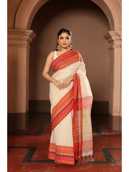 SUTRA CLOTHING - Handloom Off White Pure Cotton Saree with Unstitched Blouse with Stripes