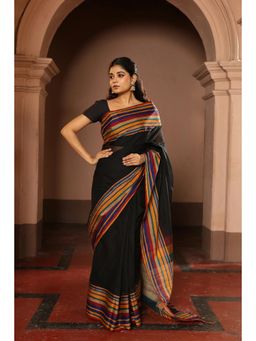 SUTRA CLOTHING - Handloom Black White Pure Cotton Saree with Unstitched Blouse