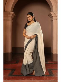 SUTRA CLOTHING - Handloom Off White Stripes Pure Cotton Saree with Unstitched Blouse