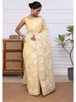 SUTRA CLOTHING - Handloom Yellow Pure Cotton Floral Jamdani Saree with Unstitched Blouse