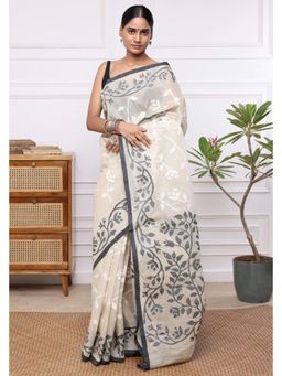 SUTRA CLOTHING - Handloom Ivory Cream Pure Cotton Floral Jamdani Saree with Unstitched Blouse
