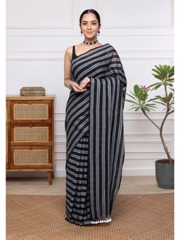 SUTRA CLOTHING - Handloom Black and Grey Stripes Mulmul Saree with Unstitched Blouse