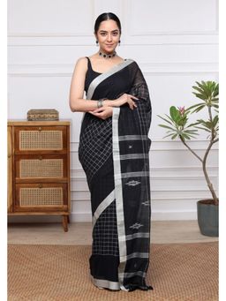 SUTRA CLOTHING - Handloom Black Check Mulmul Jamdani Saree with Unstitched Blouse