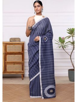 SUTRA CLOTHING - Handloom Blue Stripes Mul Cotton Eye Ball Saree with Unstitched Blouse