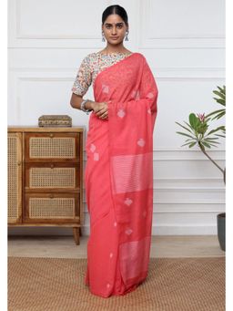 SUTRA CLOTHING - Handloom Watermelon Pink Mulmul Cotton Jamdani Saree with Unstitched Blouse
