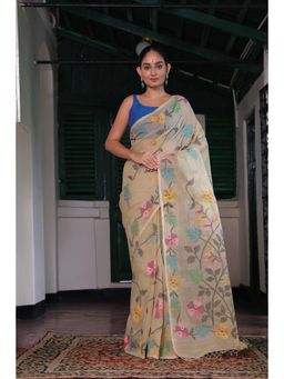 SUTRA CLOTHING - Handloom Yellow Cream Pure Cotton Jamdani Saree with Unstitched Blouse