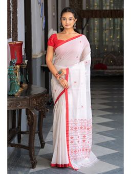 SUTRA CLOTHING - Handloom White Pure Cotton Laal Paar Jamdani Saree with Unstitched Blouse