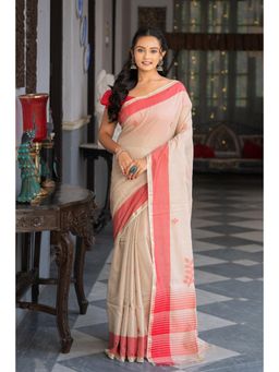 SUTRA CLOTHING - Handloom Beige Cotton Zari Jamdani Saree with Unstitched Blouse