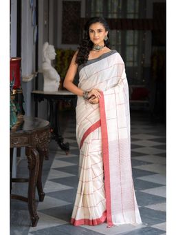 SUTRA CLOTHING - Handloom Off White Soft Cotton Brick Check Saree with Unstitched Blouse