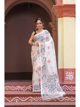 SUTRA CLOTHING - Handloom White Pure Cotton Exclusive Jamdani Saree with Unstitched Blouse