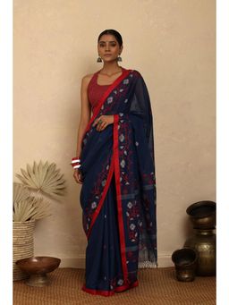 SUTRA CLOTHING - Handloom Navy Blue Pure Cotton Jamdani Saree with Unstitched Blouse