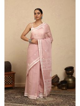 SUTRA CLOTHING - Handloom Crepe Pink Pure Cotton Jamdani Saree with Unstitched Blouse