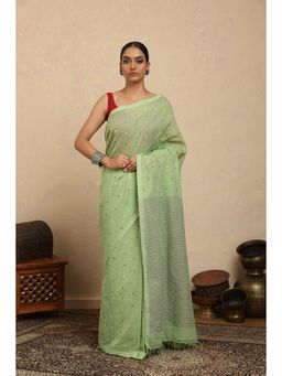 SUTRA CLOTHING - Handloom Green Polka Pure Cotton Jamdani Saree with Unstitched Blouse