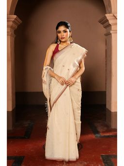 SUTRA CLOTHING - Handloom Beige Pure Cotton Jamdani Saree with Unstitched Blouse