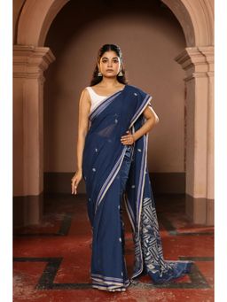 SUTRA CLOTHING - Handloom Navy Blue Pure Cotton Jamdani Saree with Unstitched Blouse