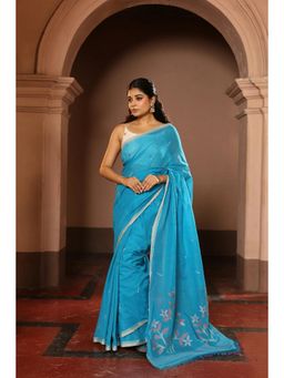 SUTRA CLOTHING - Handloom Firozi Pure Cotton Contemporary Jamdani Saree with Unstitched Blouse