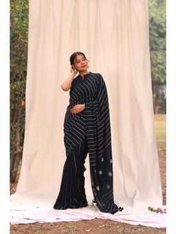 SUTRA CLOTHING - Handloom Black Pure Cotton Khesh Stripes Jamdani Saree with Unstitched Blouse
