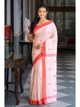 SUTRA CLOTHING - Handloom Peach and Red Mul Cotton Jamdani Saree with Unstitched Blouse