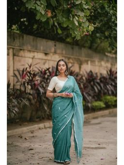 SUTRA CLOTHING - Handloom Aqua Green Mulmul Jamdani Saree with Unstitched Blouse