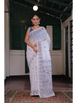 SUTRA CLOTHING - Handloom White and Grey Pure Cotton Kantha Saree with Unstitched Blouse