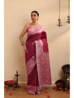 SUTRA CLOTHING - Handloom Pink Pure Silk Stripes Kanchi Saree with Unstitched Blouse