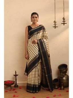 SUTRA CLOTHING - Handloom Cream and Black Check Pure Silk Saree with Unstitched Blouse