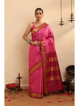 SUTRA CLOTHING - Handloom Pink Stripes Pure Silk Kanchi Saree with Unstitched Blouse