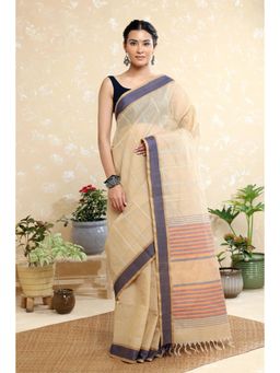SUTRA CLOTHING - Handloom Beige Pure Cotton Kanchi Saree with Unstitched Blouse