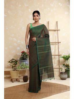 SUTRA CLOTHING - Handloom Dark Green Pure Cotton Kanchi Saree with Unstitched Blouse