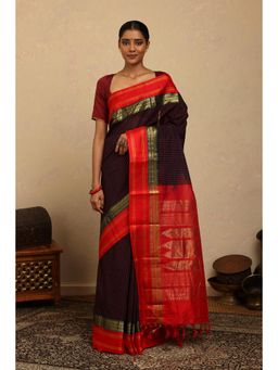 SUTRA CLOTHING - Handloom Navy Blue Check Kanchi Cotton Saree with Unstitched Blouse