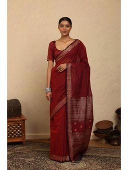SUTRA CLOTHING - Handloom Maroon Silver Zari Motifs Kanchi Cotton Saree with Unstitched Blouse
