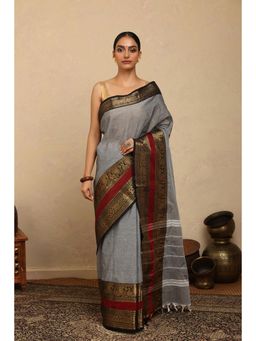 SUTRA CLOTHING - Handloom Grey Kanchi Cotton Saree with Unstitched Blouse and Broad Zari Border