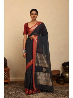 SUTRA CLOTHING - Handloom Dark Grey Kanchi Cotton Saree with Unstitched Blouse