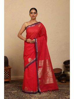 SUTRA CLOTHING - Handloom Red Gold Zari Motifs Kanchi Cotton Saree with Unstitched Blouse