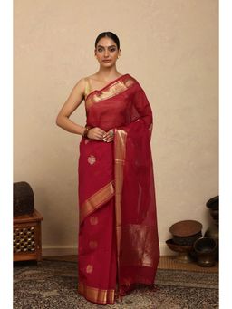 SUTRA CLOTHING - Handloom Red Kanchi Cotton Saree with Unstitched Blouse