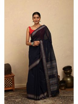 SUTRA CLOTHING - Handloom Navy Blue Kanchi Cotton Saree with Unstitched Blouse
