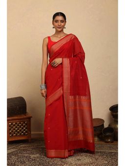 SUTRA CLOTHING - Handloom Scarlet Red Kanchi Cotton Saree with Unstitched Blouse